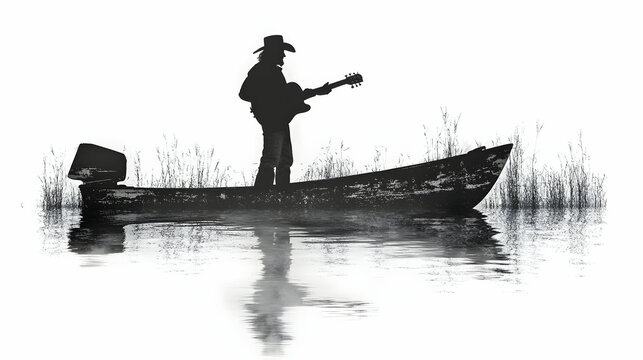 A silhouette of a man playing guitar in a boat on calm water framed by reeds in black and white simplicity