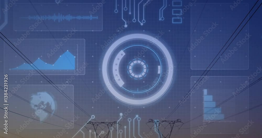 Poster viewing futuristic animation with data charts and graphs over power lines