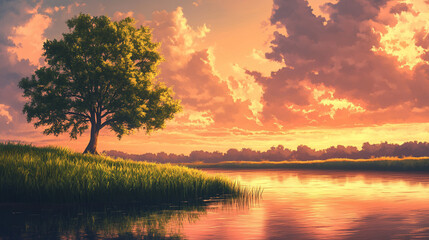 Obraz premium Tranquil Sunset Over River