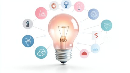 light bulb glowing with digital icons, depicting startup growth, soft ambient light, conceptual business idea