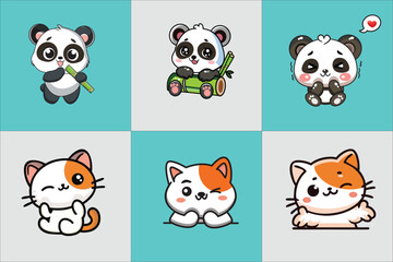 Cute Cartoon Panda and Cat Collection – Adorable Kawaii Animals
