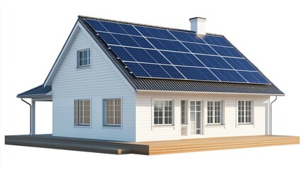 Fototapeta premium 3d model of a white suburban house with glossy blue solar panels on the roof 