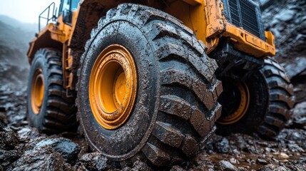 Mud-caked heavy machinery tire close-up in quarry