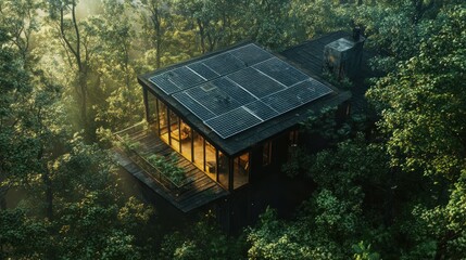 Modern cabin nestled in a lush forest