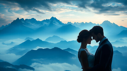 Couples intimate embrace against layers of blue misty mountain range under a twilight sky Silhouette affection and s