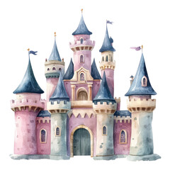 Fototapeta premium whimsical fairy castle with tall towers and flags, set in magical kingdom, evokes sense of wonder and enchantment