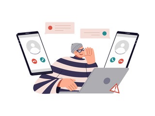 Illustration of MITM attack. Man in the middle cyberattack, active eavesdropping example. Hacker or spy intercepting information with two devices communications. Flat vector design