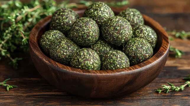 a wooden bowl filled with dried thyme balls kekik bilye sits on a wooden surface the small greenish round thyme balls showcase their unique shape and aromatic qualities,stock image
