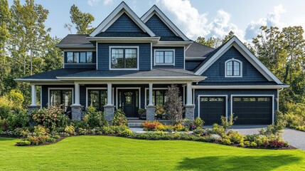 Modern Farmhouse Exterior, Lush Landscaping, Sunny Day, Forest Background