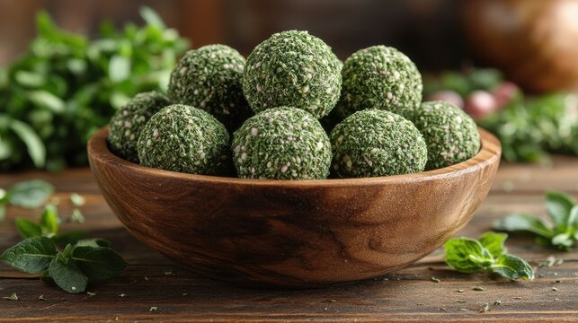a wooden bowl filled with dried thyme balls kekik bilye sits on a wooden surface the small greenish round thyme balls showcase their unique shape and aromatic qualities,stock photo