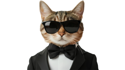 funny cat in a bow tie and sunglasses on transparent background
