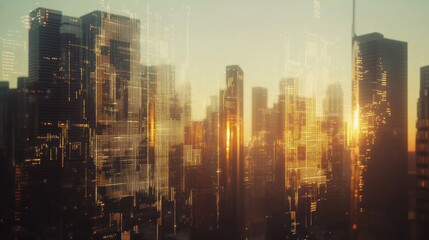 Fototapeta premium Modern city skyline at sunrise with digital overlay