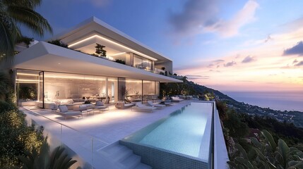 Fototapeta premium Modern villa with infinity pool overlooking ocean sunset