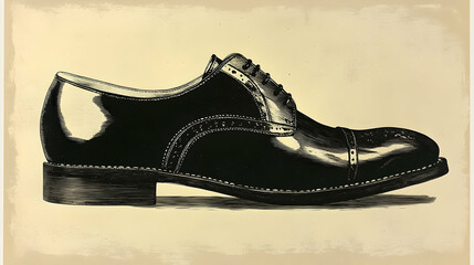 Naklejka premium Glossy black dress shoe meticulously engraved with fine lines sitting gracefully on a creamy backdrop