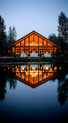 Grand building with illuminated interior reflected in a calm body of water at dusk creating a serene and symmetrical sc