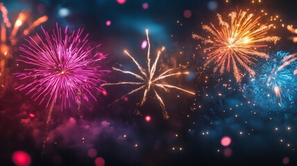 Obraz premium Colorful fireworks explode in night sky; celebration background