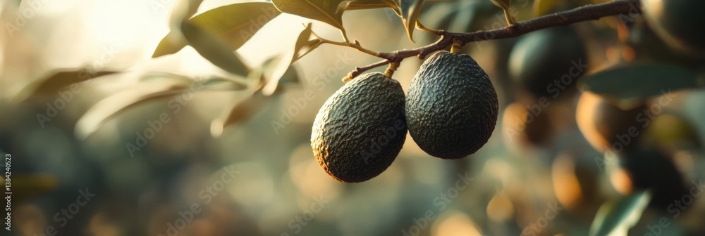 Poster ripened avocados hang from a branch in a sun-drenched orchard surrounded by lush greenery