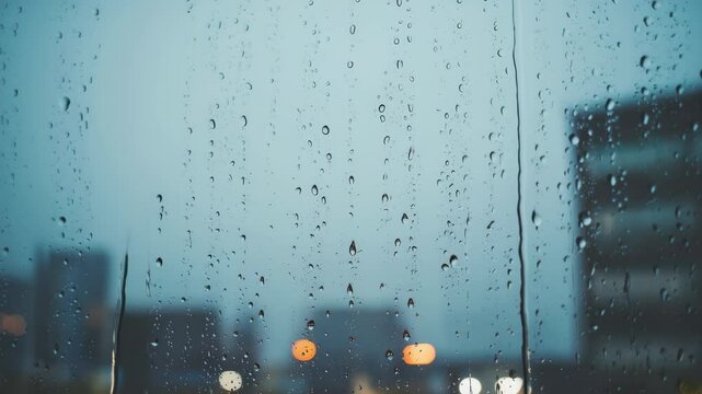 raindrops on glass window during rainy day with blurred city background peaceful weather blue tone water droplets streaming down creating calm atmosphere sadness