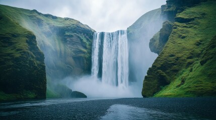 Majestic Icelandic waterfall cascading down mossy cliffs, misty background, nature travel scene