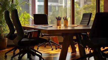 Fototapeta premium Modern Conference Room with Large Windows and Stylish Furniture in a Bright Office Setting