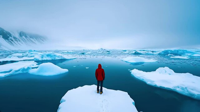 Serene Landscape of Icebergs Person in Red Jacket Gazes at Cold Glacier Lagoon
