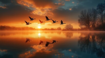 Obraz premium Geese in graceful formation fly over a misty lake at sunrise, their silhouettes mirrored on the still water in a serene, majestic moment.