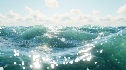 The vast ocean surface reflecting sunlight beneath a cloudy blue sky