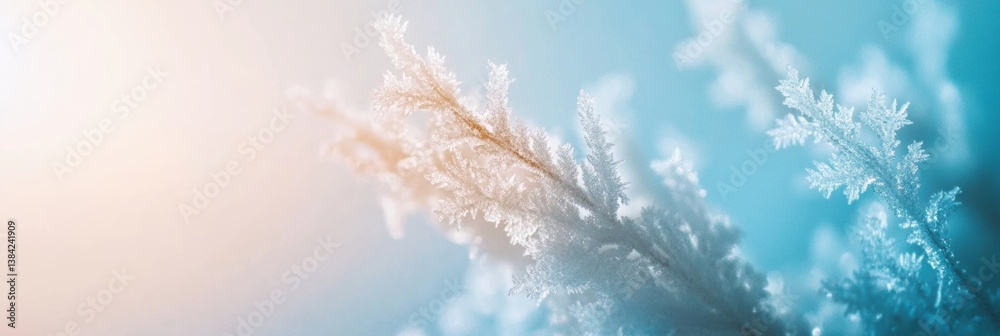 Poster frozen ice crystals create delicate abstract patterns in soft blue-white gradient, showcasing winter