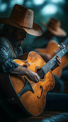 Fototapeta premium Musician wearing a cowboy hat plays the guitar Another performer with a hat is behind the first Deep blue and brown co