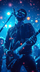 Fototapeta premium Musician singing with a guitar on a stage under blue lights wearing dark clothing and a cap with blurry people behind