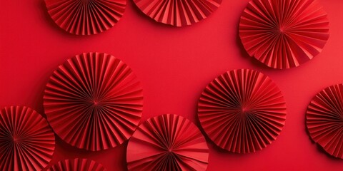 Chinese New Year Celebration Red Paper Fans Minimalist Flat Lay Design for Lunar New Year Festival