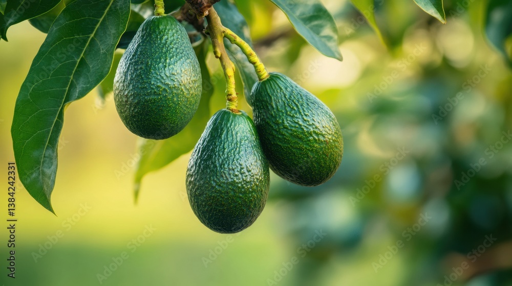 Aufkleber ripened avocados hanging on a branch in a serene orchard setting during golden sunlight hours