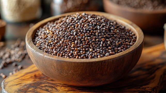 a wooden bowl filled with peganum harmala seeds rests on a wooden surface displaying the small brown seeds,illustration