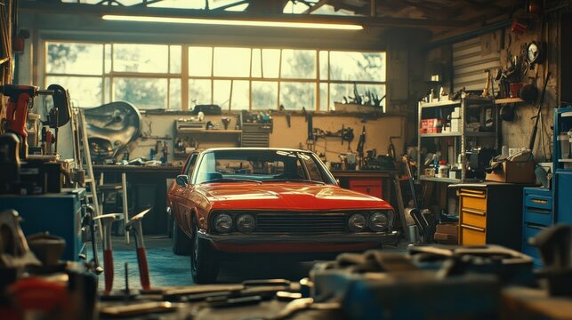 A red vintage car is inside a messy workshop setting