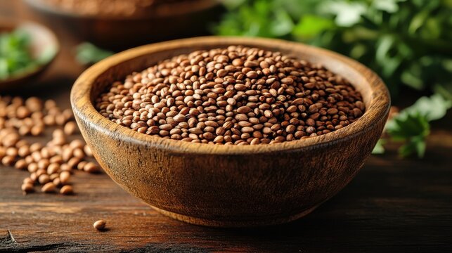 a wooden bowl filled with peganum harmala seeds rests on a wooden surface displaying the small brown seeds,stock photo