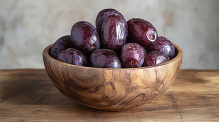 Obraz premium a wooden bowl filled with plump dried medjool dates sits on a wooden surface the light background highlights the rich brown color and wrinkled texture of the dates,stock photo