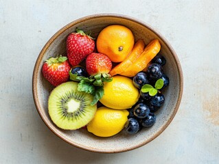 Ceramic bowl and fruit with overhead view and negative space on right