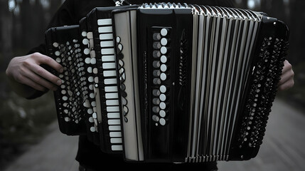 Person holding a black and white accordion fingers on left side keys bellows exposed providing a focused view of inst