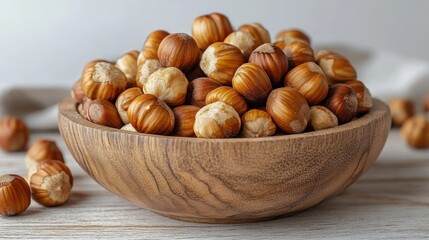 Obraz premium a wooden bowl filled with roasted hazelnuts is placed on a wooden surface against a plain white background the hazelnuts are shelled and lightly browned showcasing their natural texture and color
