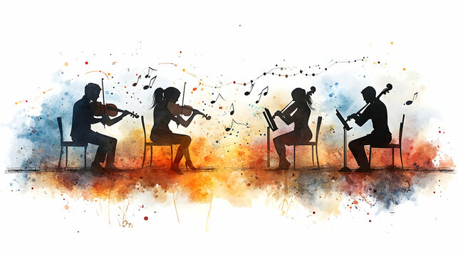 Quartet playing stringed instruments a watercolor art illustration of seated musicians performing with sheet music and
