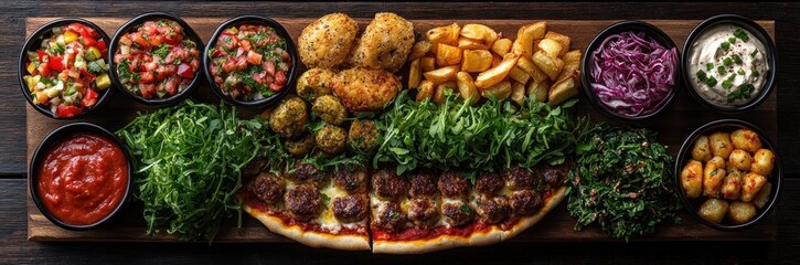 Healthy Plant Based Fast Food Table with Cauliflower Crust Pizzas Bean Burgers Mushroom Tacos and Vegetarian Sides