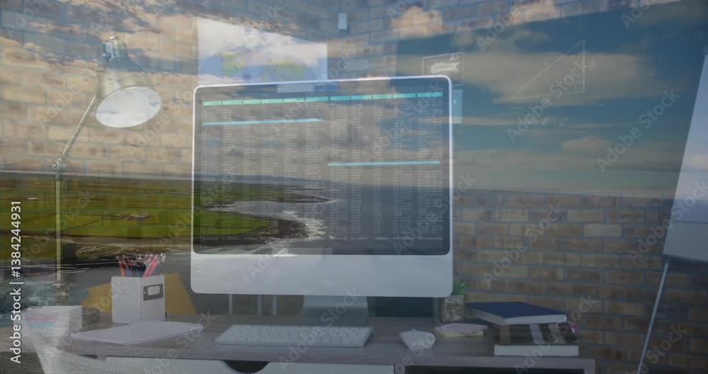 Poster displaying data processing animation, computer screen on desk with scenic landscape view