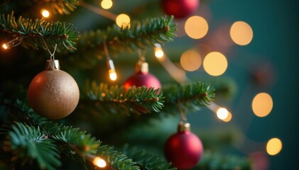 Obraz premium Decorative Christmas tree branches with ornaments and lights , winter, lights