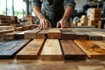 Client Selecting Wooden Flooring Samples in Modern Office Environment