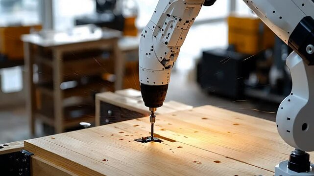 Industrial Robotic Arm Using Drill to Work on Wooden Surface in Manufacturing Facility

