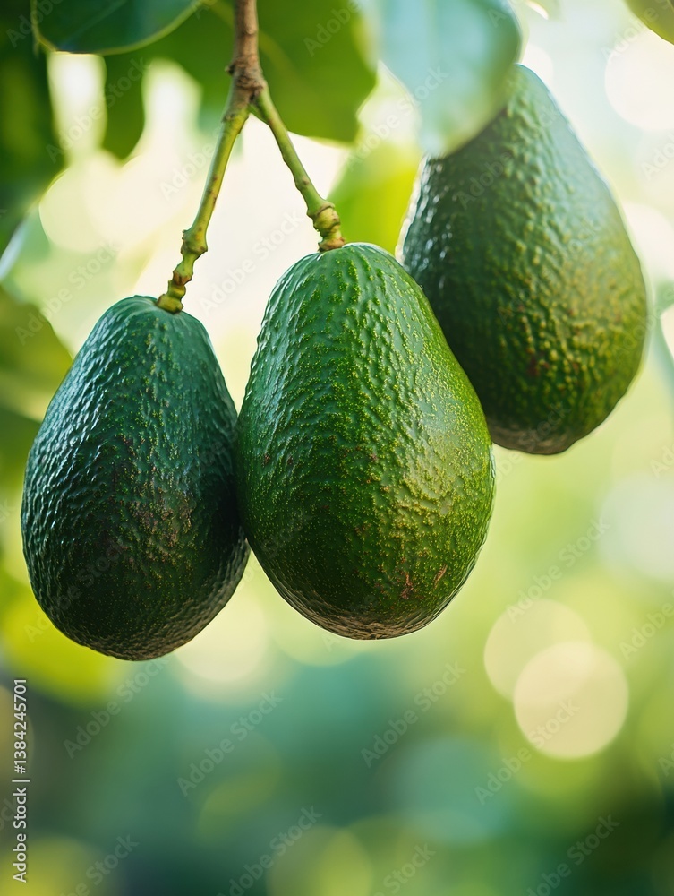 Aufkleber ripened avocados hang from a branch, showcasing deep green skin in a sunlit orchard setting with a s