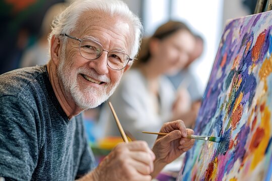 Smiling older man painting on canvas with brush in art class setting.