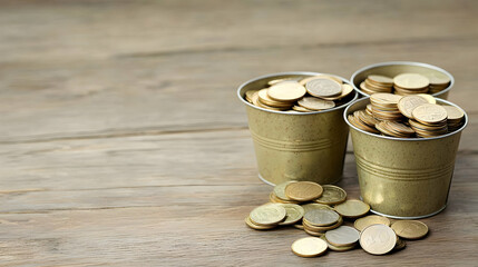 Gold Coins In Small Buckets On Wooden Table