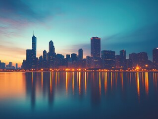 Obraz premium City skyline with triadic color scheme and long exposure in twilight with copy space below
