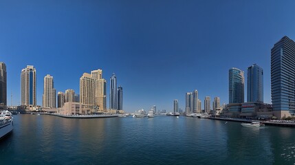 Obraz premium Dubai Marina panorama yachts, skyscrapers, sunny day, waterfront